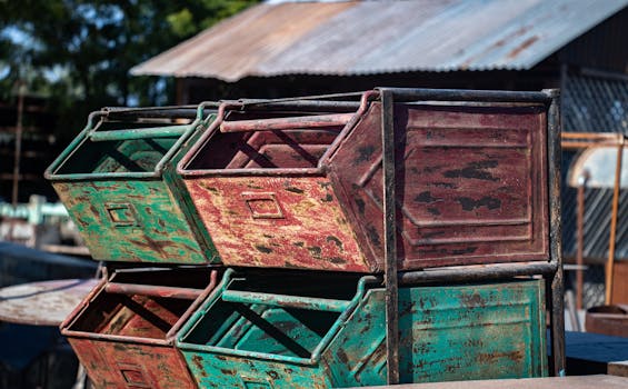 Stacked weathered metal bins with a rustic look against a corrugated backdrop outdoors.